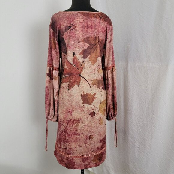 One World Leaf Print Dress Red M Medium Women's NEW long sleeve embroidered - Picture 5 of 11